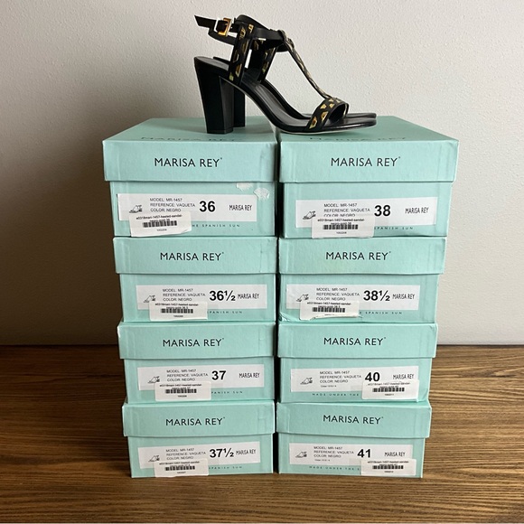Marisa Rey Black and Gold Leather Strappy Sandals, New in Box